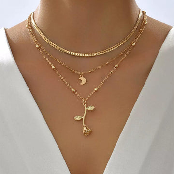 Bohemia Multilayer Moon Gold Colour Rose Flower Choker Fashion Pendant Necklaces For Women and Girls - The Jewellery Supermarket